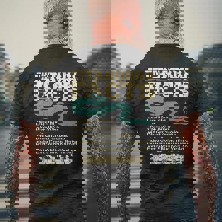 古代最強蛇ティタノボア解説 Titanoboa Facts 恐竜時代雑学 科学学習 メンズTシャツ バックプリント 高齢者への贈り物