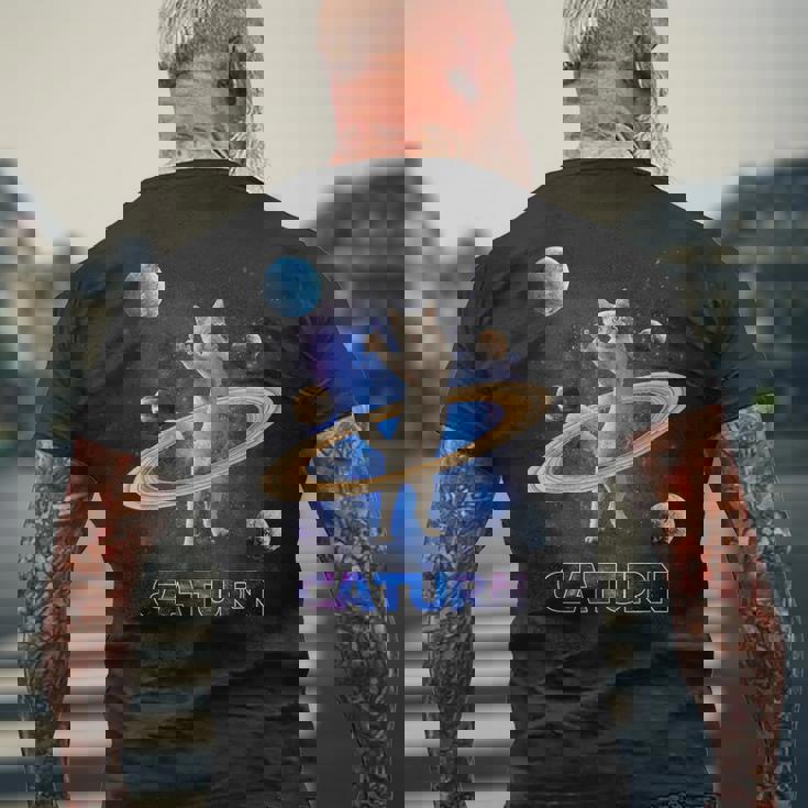 宇宙の土星猫土星ギャラクシー面白い子猫猫の恋人 メンズTシャツ バックプリント 高齢者への贈り物