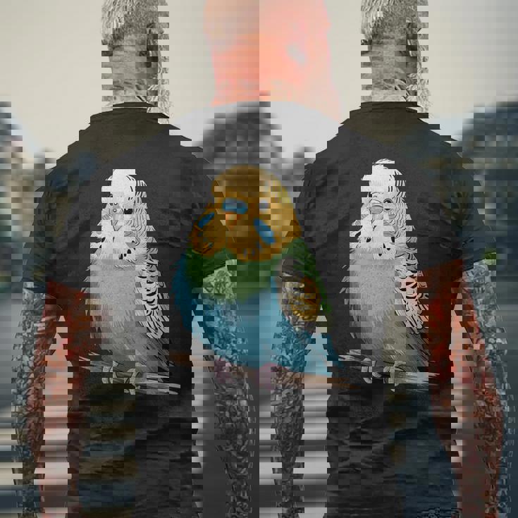 枝に腰掛けたチャーミングなセキセイインコ メンズTシャツ バックプリント 高齢者への贈り物