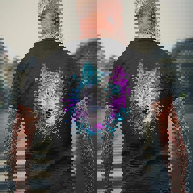 水彩 狼 頭 カラフル オオカミ 贈り物 メンズTシャツ バックプリント 高齢者への贈り物