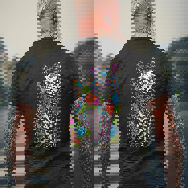 猫 シュガー スカル メキシコ カラベラ 死者の日 ハロウィン メンズTシャツ バックプリント 高齢者への贈り物