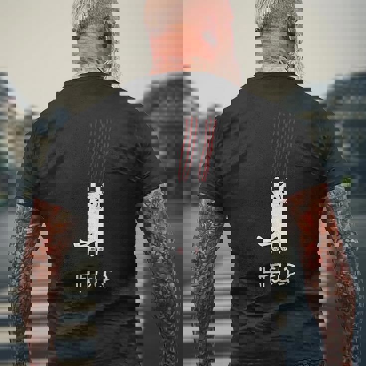 猫が助けを求めている、猫好きの方にオススメの面白いイラスト メンズTシャツ バックプリント 高齢者への贈り物