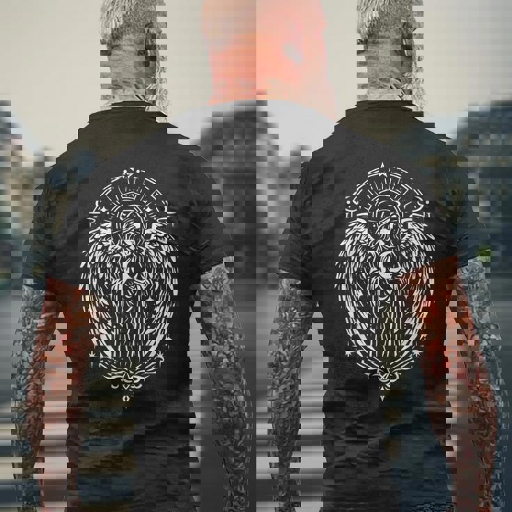 翼と月を持つ天使のシンボル神聖な神秘的な芸術 メンズTシャツ バックプリント 高齢者への贈り物