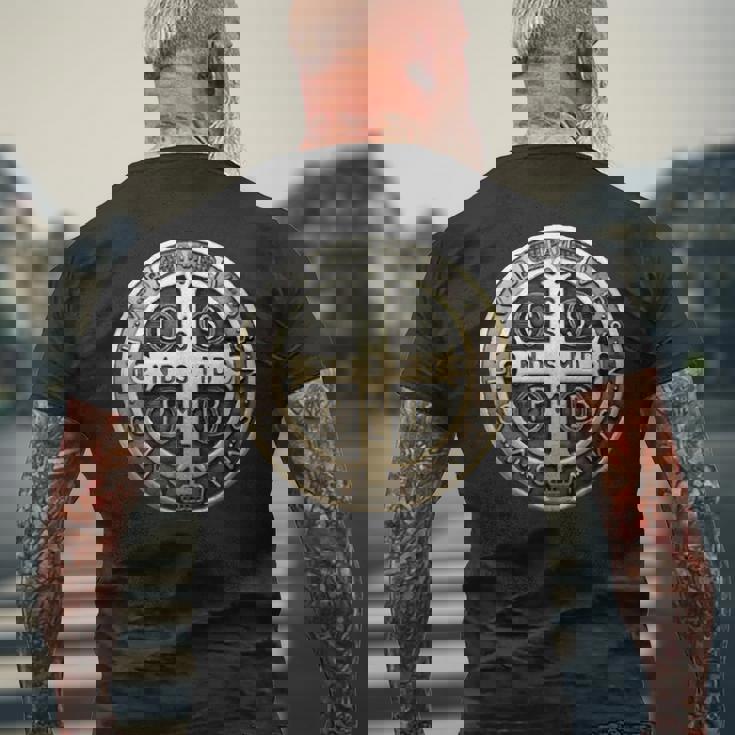 聖ベネディクトメダル 聖ベネディクトクロス カトリック クリスチャン メンズTシャツ バックプリント 高齢者への贈り物