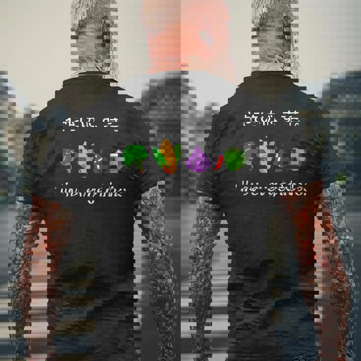 野菜 が 好き。ベジタブル ピーマン ブロッコリー とうもろこし たまねぎ メンズTシャツ バックプリント 高齢者への贈り物