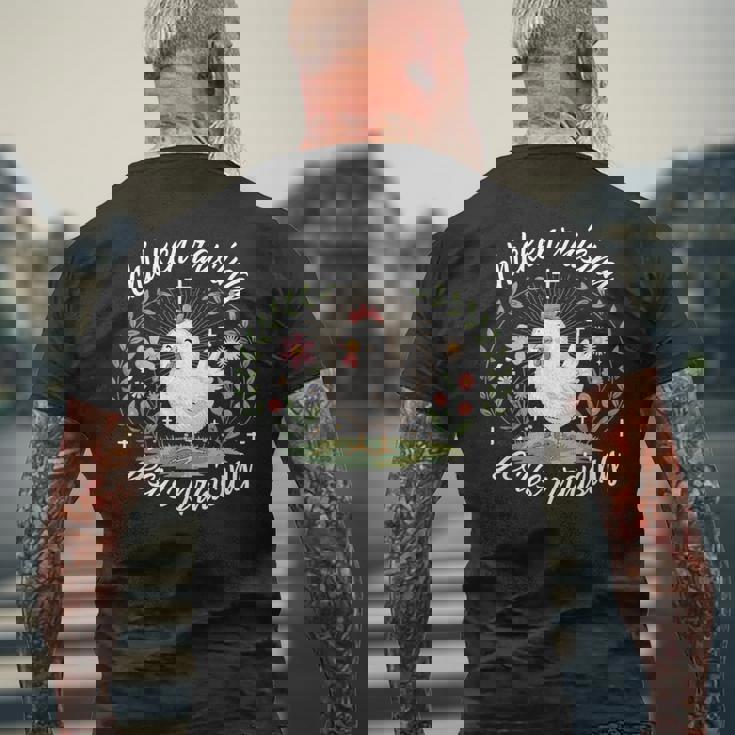 鶏を育てる イエス 賛美 おかしな農家 キリスト教の信仰 メンズTシャツ バックプリント 高齢者への贈り物