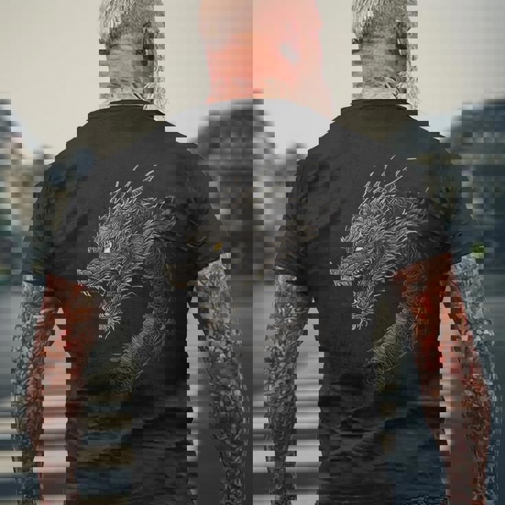 黒龍モチーフ 神話上の作品 黒龍 メンズTシャツ バックプリント 高齢者への贈り物