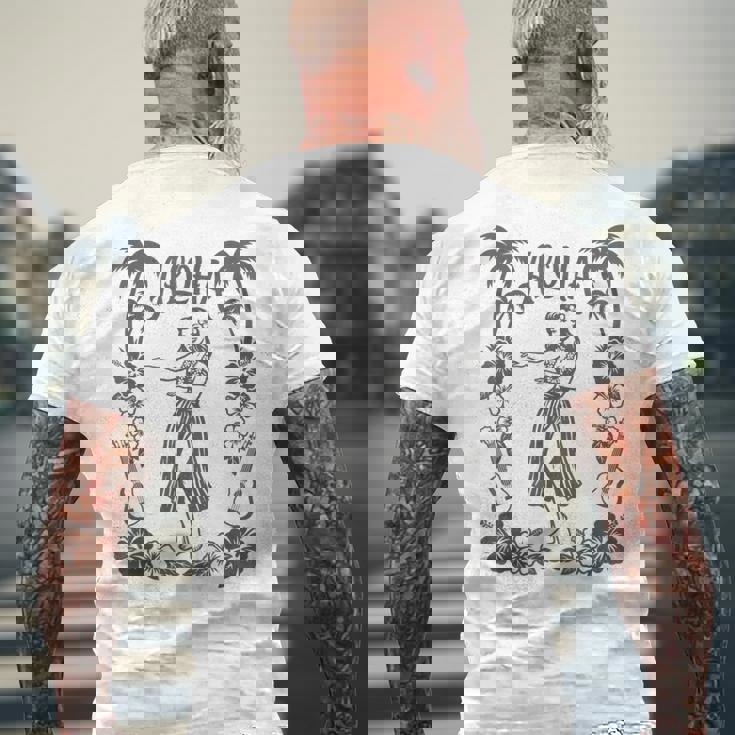 Aloha ハワイ ダンサー ヤシの木 ハイビスカス ウクレレ ルアウ ラインアート メンズTシャツ バックプリント 高齢者への贈り物