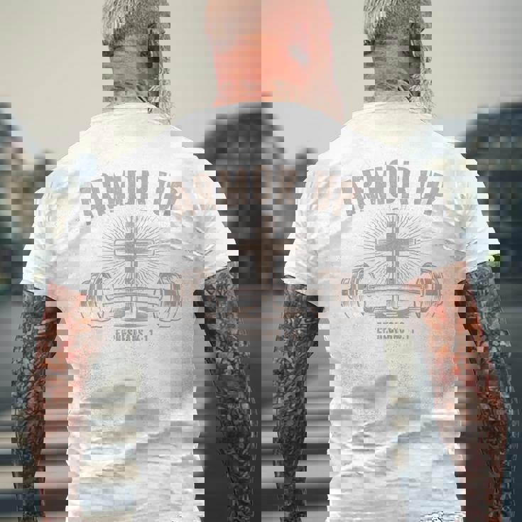 Men Armor Up Christian Workout Gym Camo Jesus Cross Dumbbell Men's Back Print T-Shirt Gifts for Old Men