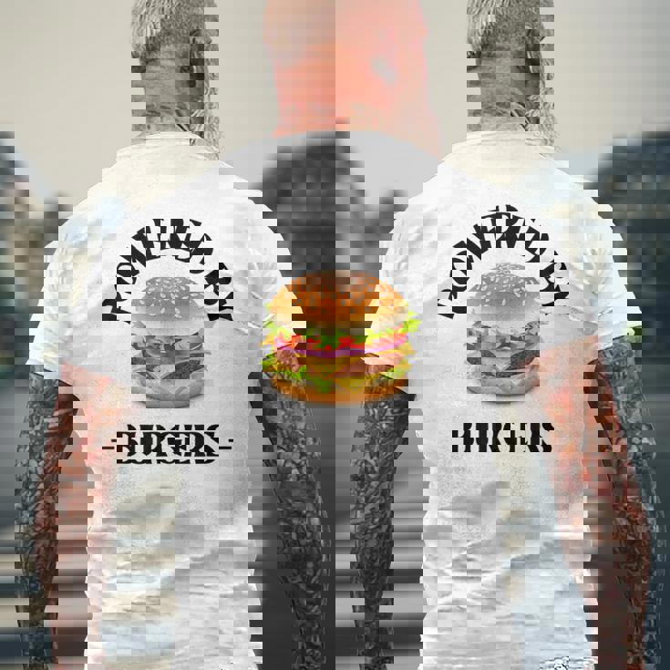 Powered By Burgers ファーストフード愛好家 面白いビーフバーガー メンズTシャツ バックプリント 高齢者への贈り物