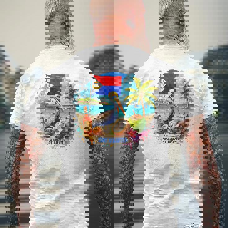 Sint Maarten Flag Pelican Rum Beach Coconut Island Souvenirs Men's Back Print T-Shirt Gifts for Old Men