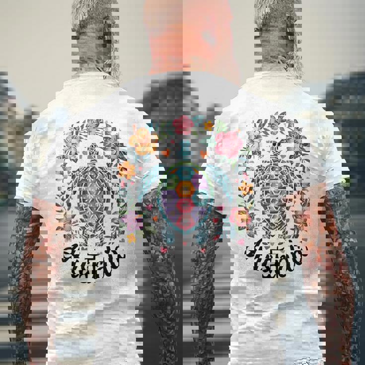 かわいいウミガメオーストラリア、楽しいトロピカルフラワーとハート メンズTシャツ バックプリント 高齢者への贈り物