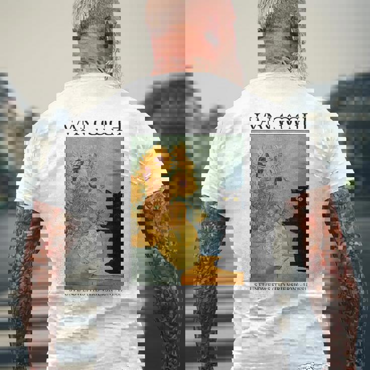 ひまわりと黒猫のヴィンテージアート 猫好き 猫飼い 猫 ネコ ねこくろねこ好き 面白い メンズTシャツ バックプリント 高齢者への贈り物