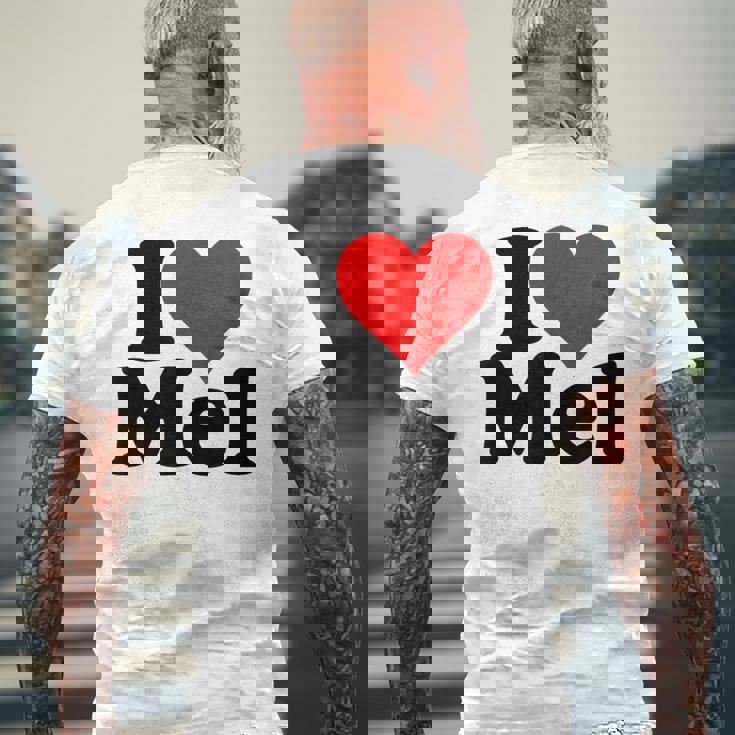 アイ・ラブ・ハート・メル・メルビン・メラニー・メリンダ・メリッサ・メロディ メンズTシャツ バックプリント 高齢者への贈り物