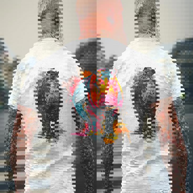 カバ 動物 カラフル グラフィック 抽象 アート 絵画 カバ メンズTシャツ バックプリント 高齢者への贈り物