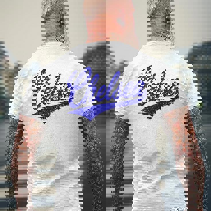 チェルシー ロンドン イングランド バーシティ スクリプト クラシック スポーツ ジャージ メンズTシャツ バックプリント 高齢者への贈り物