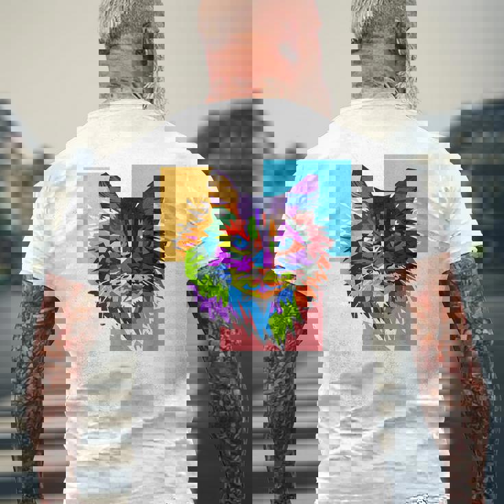 ペイントされた猫の顔 カラフル レインボー アートデザイン ギフトに最適 メンズTシャツ バックプリント 高齢者への贈り物