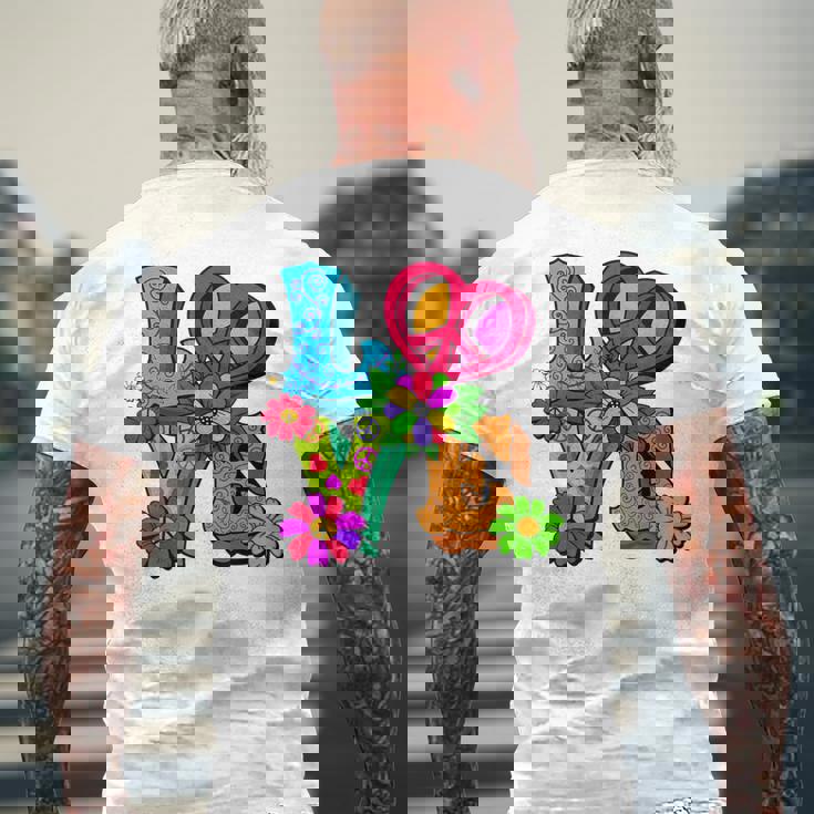 明るくカラフルな愛と平和 ピースサイン フラワートップ メンズTシャツ バックプリント 高齢者への贈り物