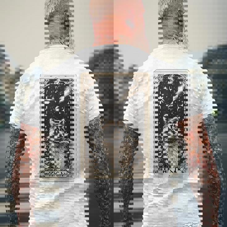 星のタロットカード アライグマ 占星術 神秘的なアライグマ メンズTシャツ バックプリント 高齢者への贈り物