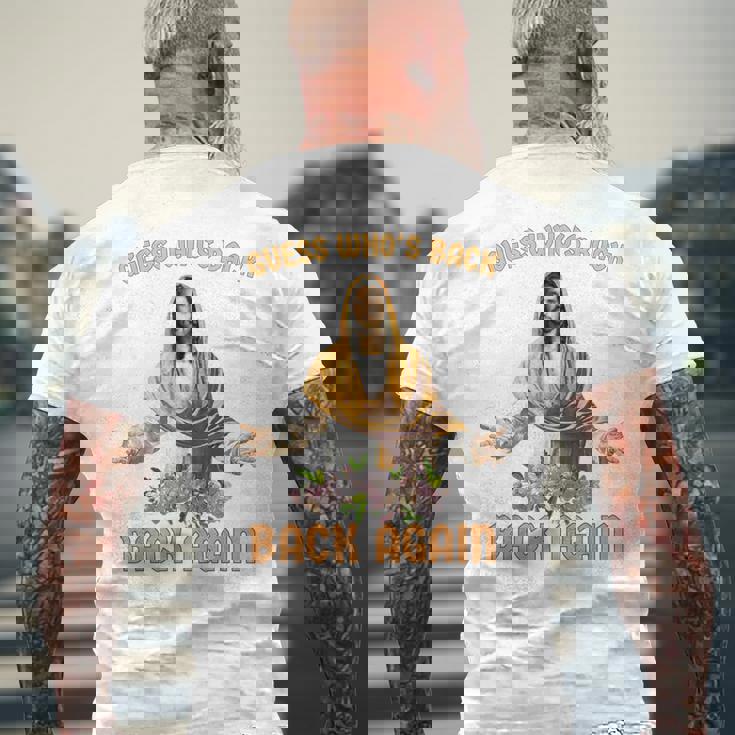 誰が戻ったと思う？また戻ってきましたイエスキリストハッピーイースター メンズTシャツ バックプリント 高齢者への贈り物