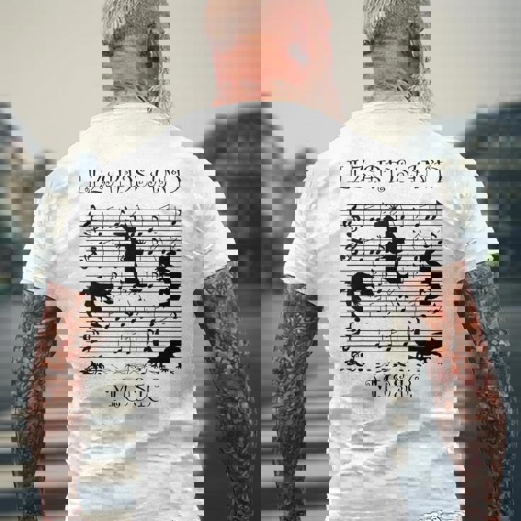 音楽とトカゲ ヤモリ ミュージシャン 爬虫類 メンズTシャツ バックプリント 高齢者への贈り物