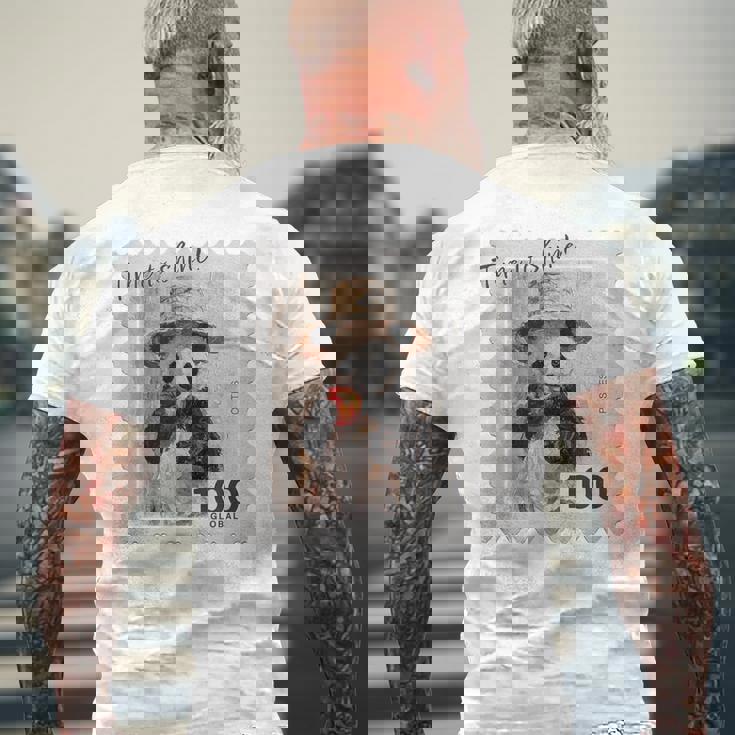 麦わら帽子 りんご パンダ 小さなパンダ 切手風 メンズTシャツ バックプリント 高齢者への贈り物