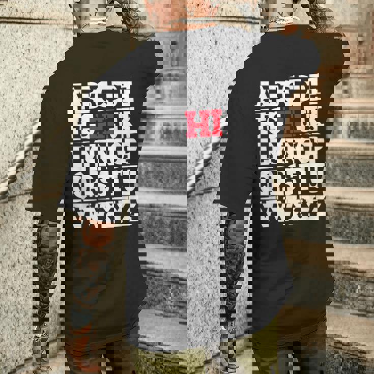 Abcのhiおかしいこんにちはアルファベット学生教師グリーティング メンズTシャツ バックプリント 彼への贈り物