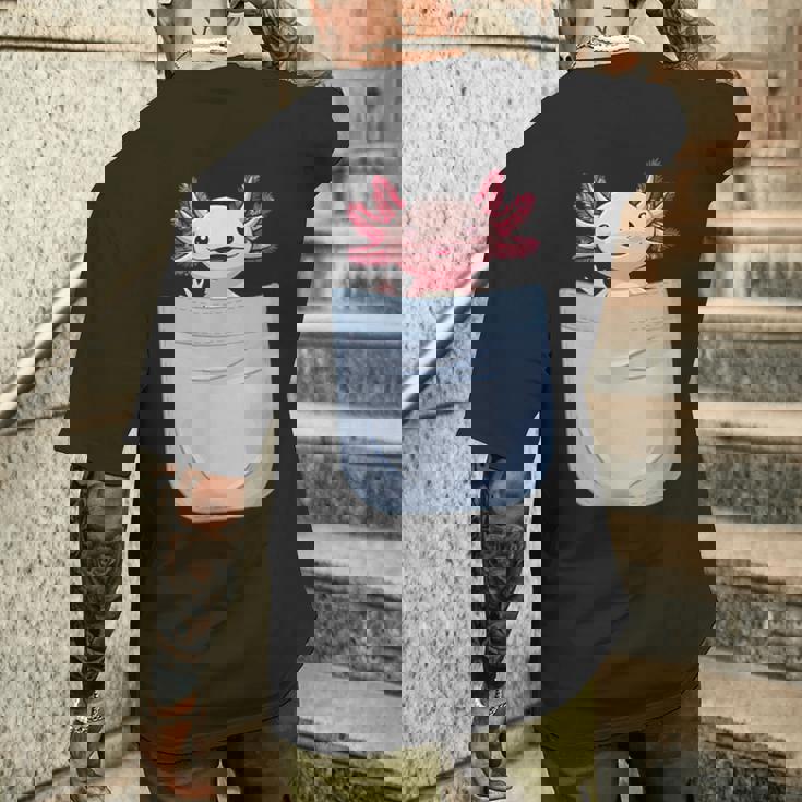 Axolotl ポケットに入った魚 両生類 ペット ホワイト アホロートル トカゲ メンズTシャツ バックプリント 彼への贈り物