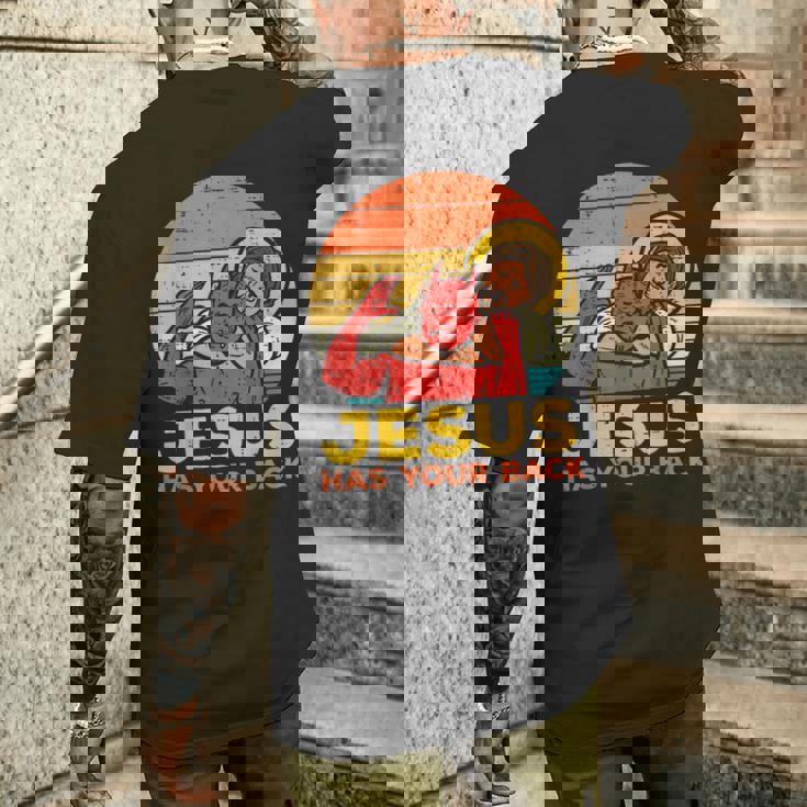 Jesus Has Your Back Jiu Jitsu レトロ クリスチャン メンズ レディース キッズ メンズTシャツ バックプリント 彼への贈り物