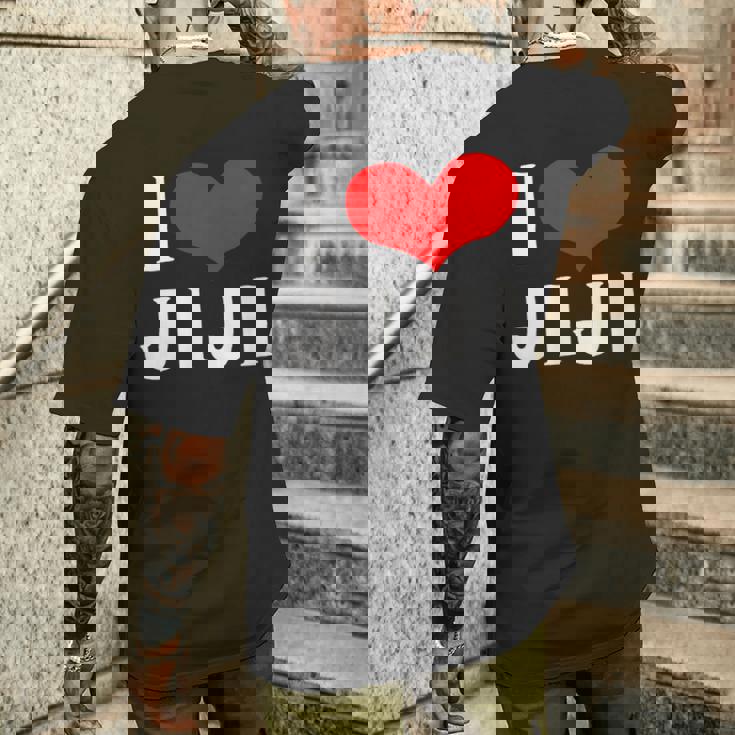 I Love Jiji 愛 ハート じーじ じいじ おじいさん 父の日 家族 家族写真 記念写真 おもしろ かわいい メンズTシャツ バックプリント 彼への贈り物