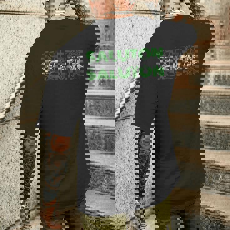 Saluton エスペラントのヘロ レトロテキスト メンズTシャツ バックプリント 彼への贈り物