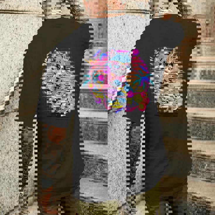 Vaporwave 猫 ピックルボール プレーヤー 80年代 レトロ 美学 メンズTシャツ バックプリント 彼への贈り物