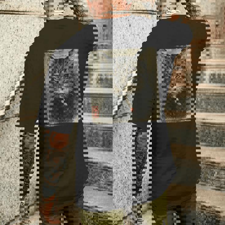 おもしろい 悲しい猫 喫煙 タバコ ミーム 恋人 墨絵 日本語 メンズTシャツ バックプリント 彼への贈り物