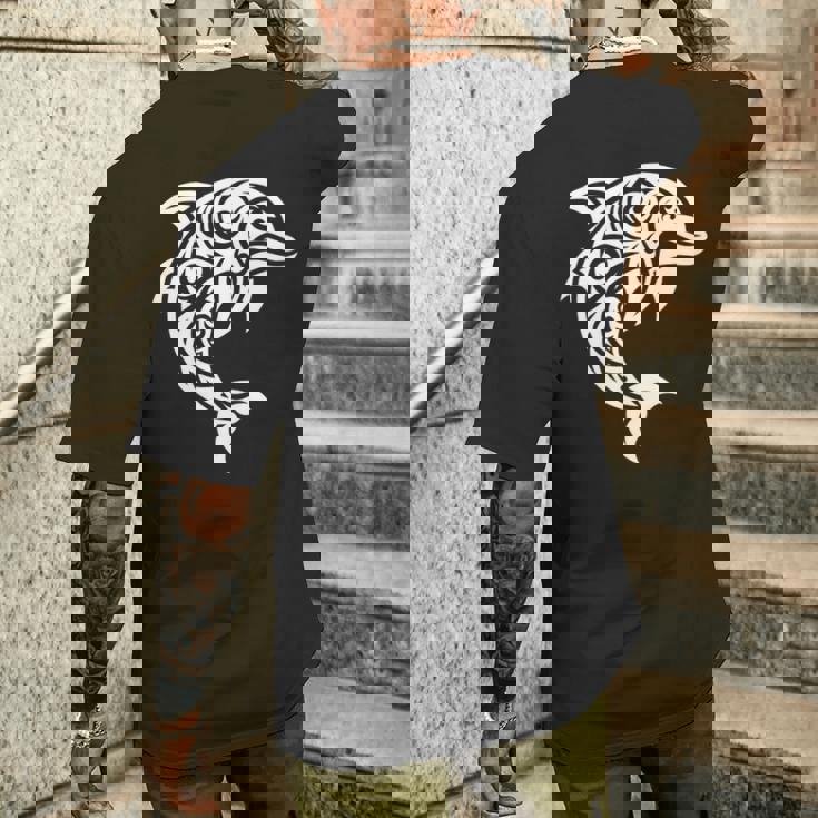 イルカ ポリネシアン トライバル マオリ ライトパターン イルカ 長袖tシャツ メンズTシャツ バックプリント 彼への贈り物