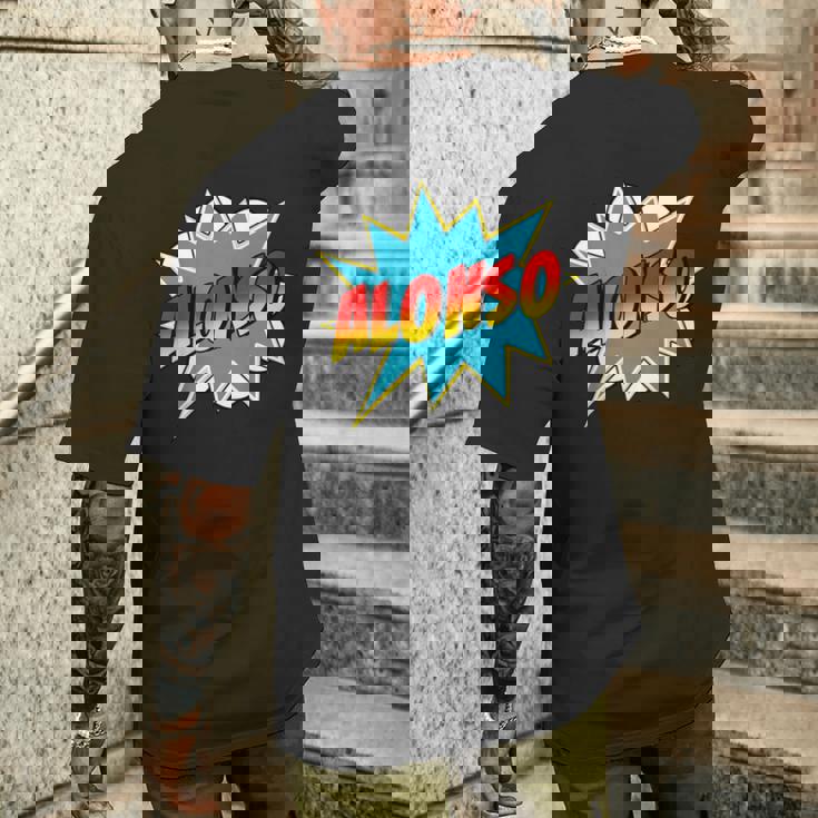 キッズ 男の子 アロンソ 名前 コミック 本 スーパーヒーロー メンズTシャツ バックプリント 彼への贈り物