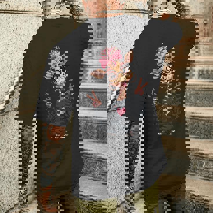 キリンガール ダブルピースサイン ピンク リボン ポップ グラフィック 遊び心のある 長袖tシャツ メンズTシャツ バックプリント 彼への贈り物