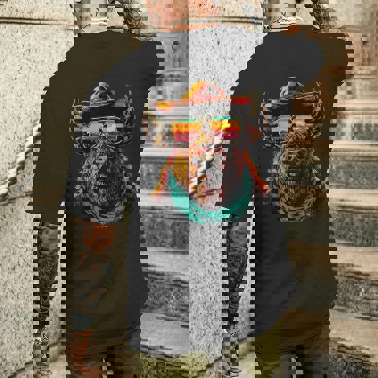 サングラス カラフル バイソン カウボーイ 動物 夕日 ウエスタン メンズTシャツ バックプリント 彼への贈り物