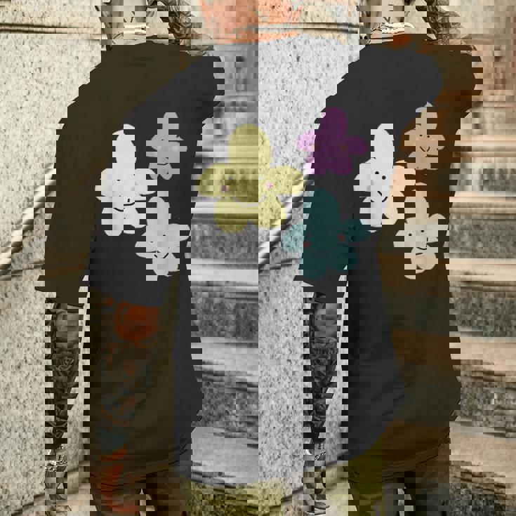 スマイリングフラワー イエロー ブルー パープル 楽しい春 メンズTシャツ バックプリント 彼への贈り物