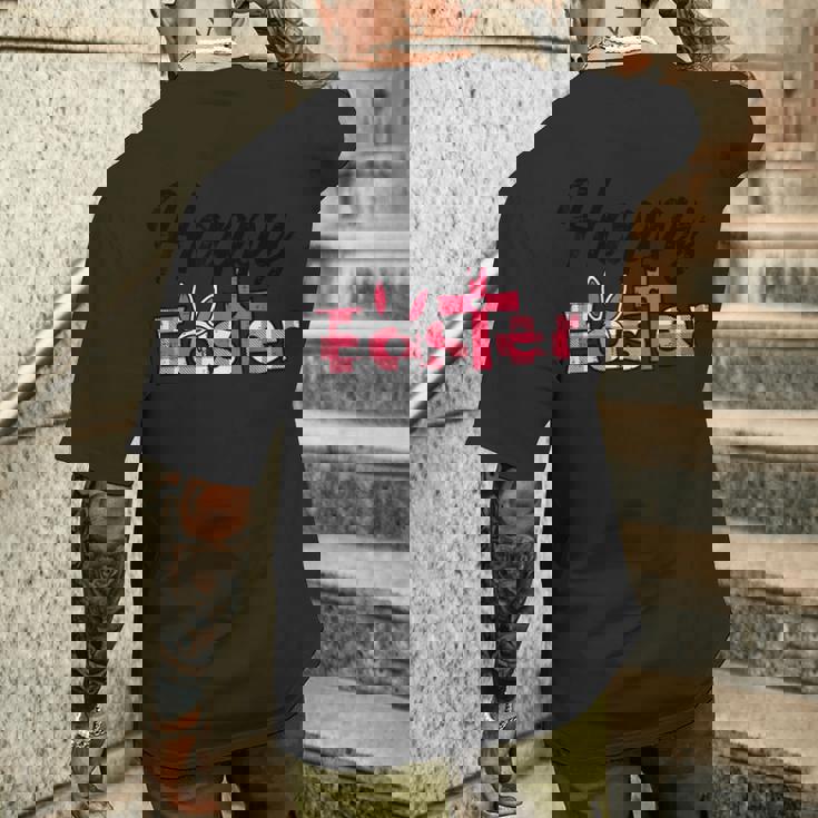 チェック柄ハッピーイースターバニー耳クロスかわいい宗教クリスチャン メンズTシャツ バックプリント 彼への贈り物