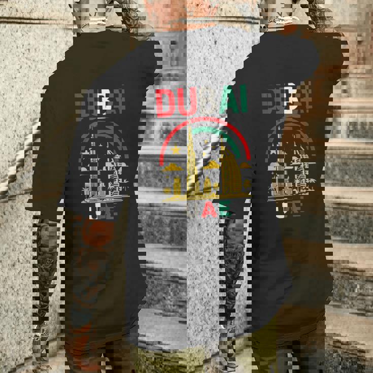 ドバイuaeスカイラインデザイン – ブルジュハリファとヤシの木 メンズTシャツ バックプリント 彼への贈り物