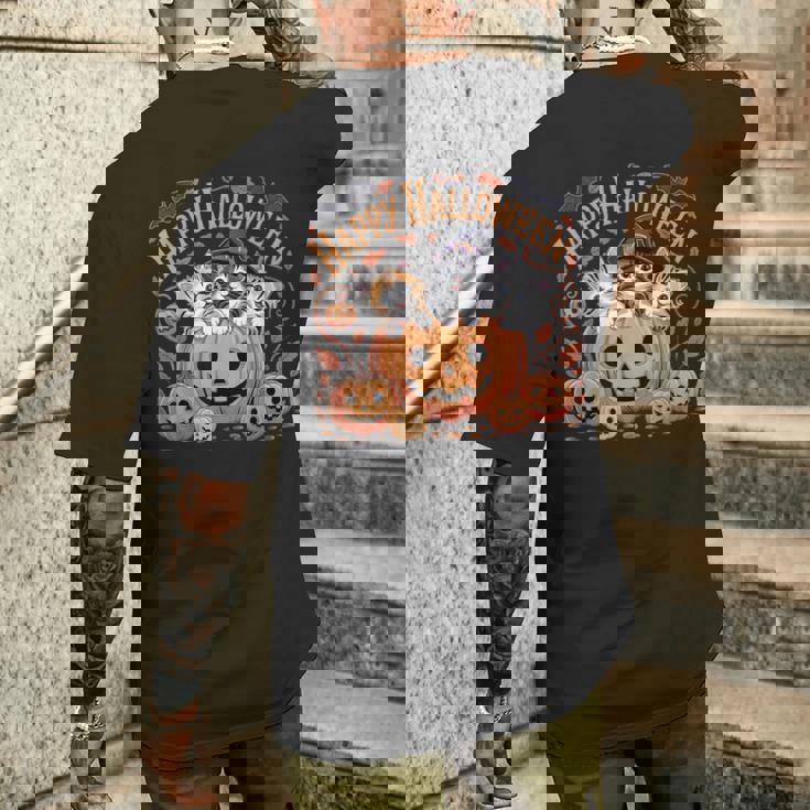 ハッピーハロウィン猫 パンプキン 魔女の帽子デザイン メンズTシャツ バックプリント 彼への贈り物