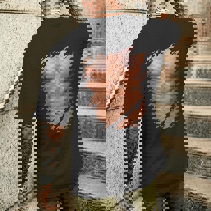 メンズ フェイク マッスル 破れた胸 腹筋 6パック メンズTシャツ バックプリント 彼への贈り物