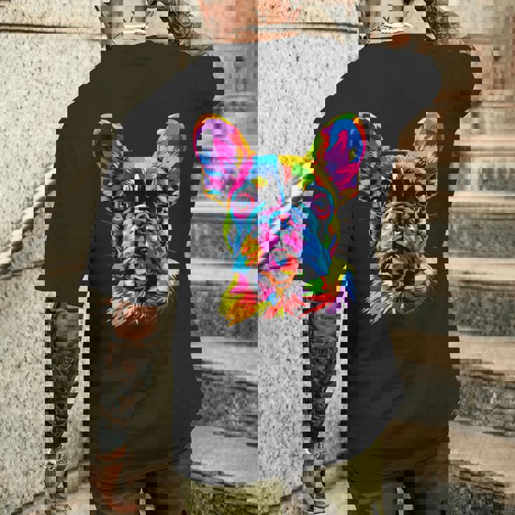 フレンチブルドッグ 犬 カラフル ポップアート レインボーカラー ブルドッグ メンズTシャツ バックプリント 彼への贈り物