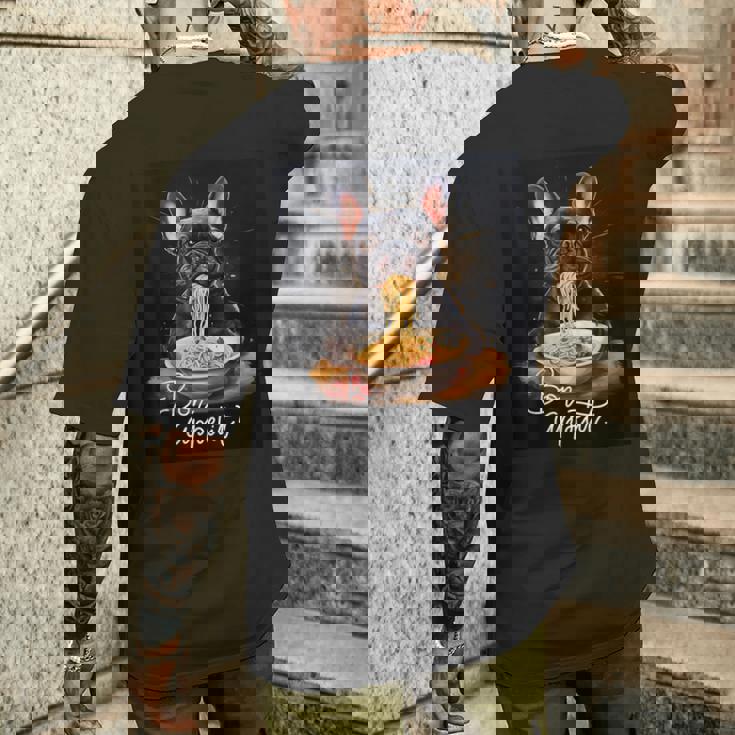 フレンチブルドッグ 食べる パスタ ボンアペティ カラフル ドッグアート メンズTシャツ バックプリント 彼への贈り物