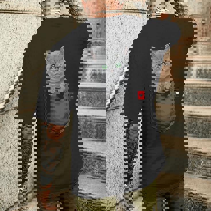 ブリティッシュショートヘア猫 ポケットの中 のぞくかわいい子猫 長袖tシャツ メンズTシャツ バックプリント 彼への贈り物