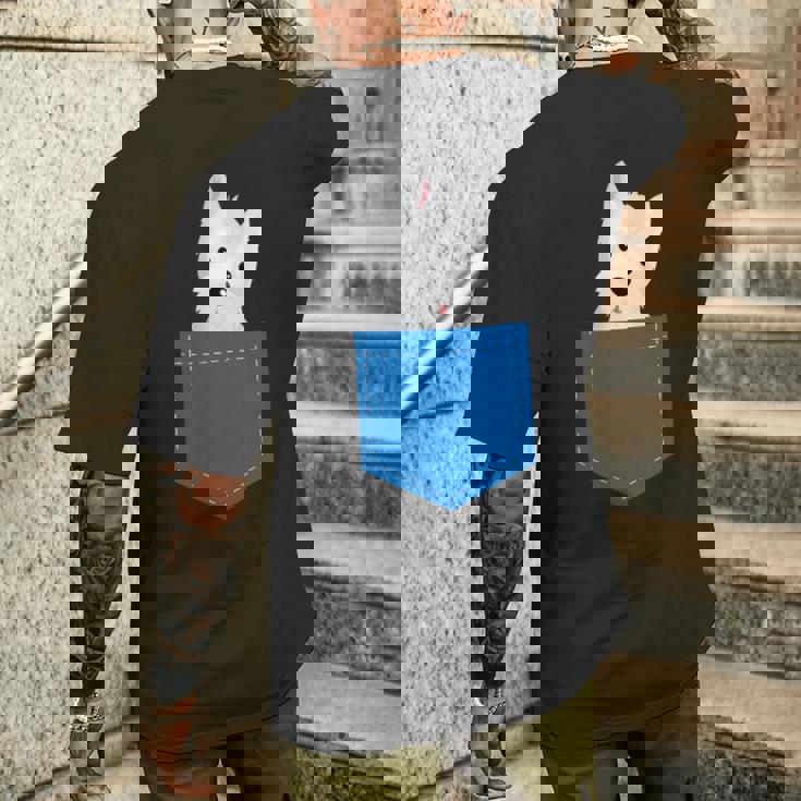 ポケットに犬のウェスティ犬テリアフロントポケット胸 メンズTシャツ バックプリント 彼への贈り物