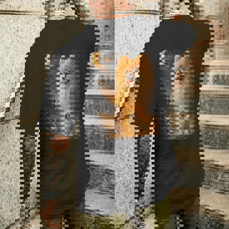 ポメラニアン ハウリング トゥ ザ ムーン ヴィンテージ 90年代 ファニー ペット オーナー メンズTシャツ バックプリント 彼への贈り物