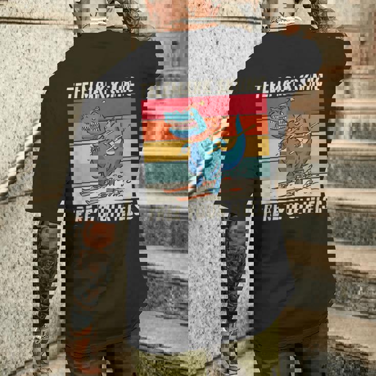 レトロ かわいい 漫画 恐竜 スキーヤー テレマーク スキー メンズTシャツ バックプリント 彼への贈り物