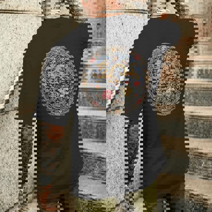 中国刺繍柄 龍 竜 ドラゴン 中国 清朝 ドラマ 牡丹 メンズTシャツ バックプリント 彼への贈り物