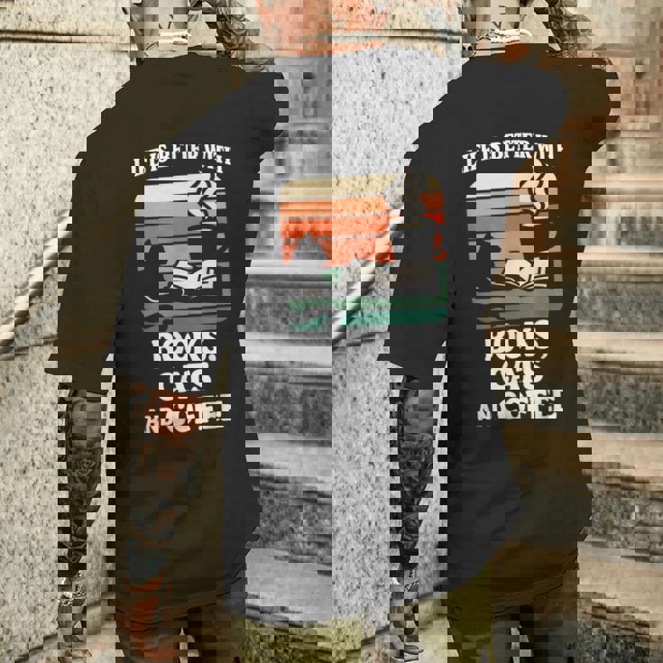 人生は本と猫と一緒に猫を読む カフェ 図書館 メンズTシャツ バックプリント 彼への贈り物